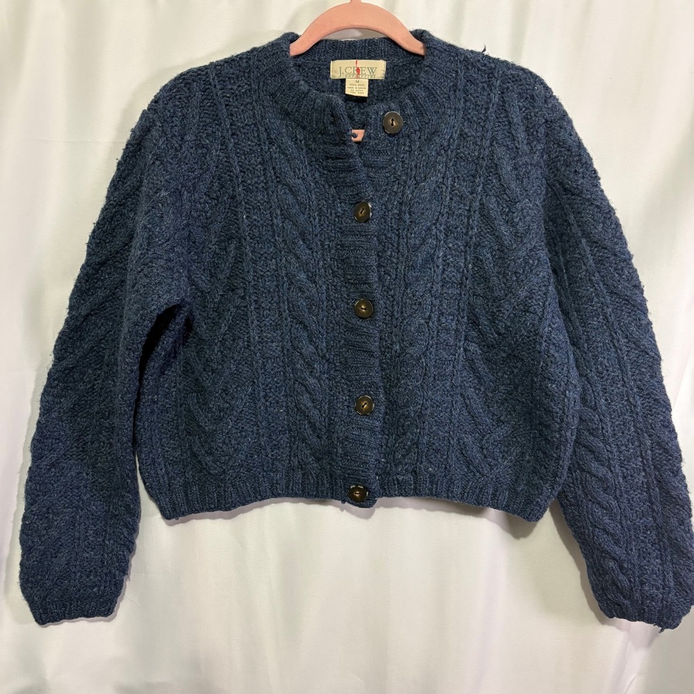Vintage 80s 90s J.Crew Outfitters Wool Cable Knit Chunky Cardigan Medium Oarsman